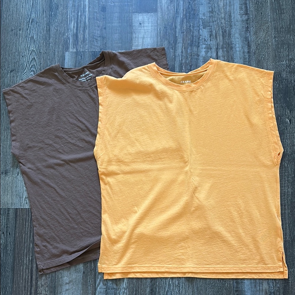 FRAME Le Mid Muscle Crew in Brown and Orange Sleeveless T-Shirts